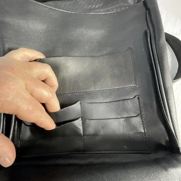 Black Leather Messenger Bag Magnetic Snap Button Close Shoulder Strap - Picture 10 of 16